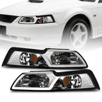 99-04 Ford Mustang Chrome Crystal Headlights w/ LED Light Bar
