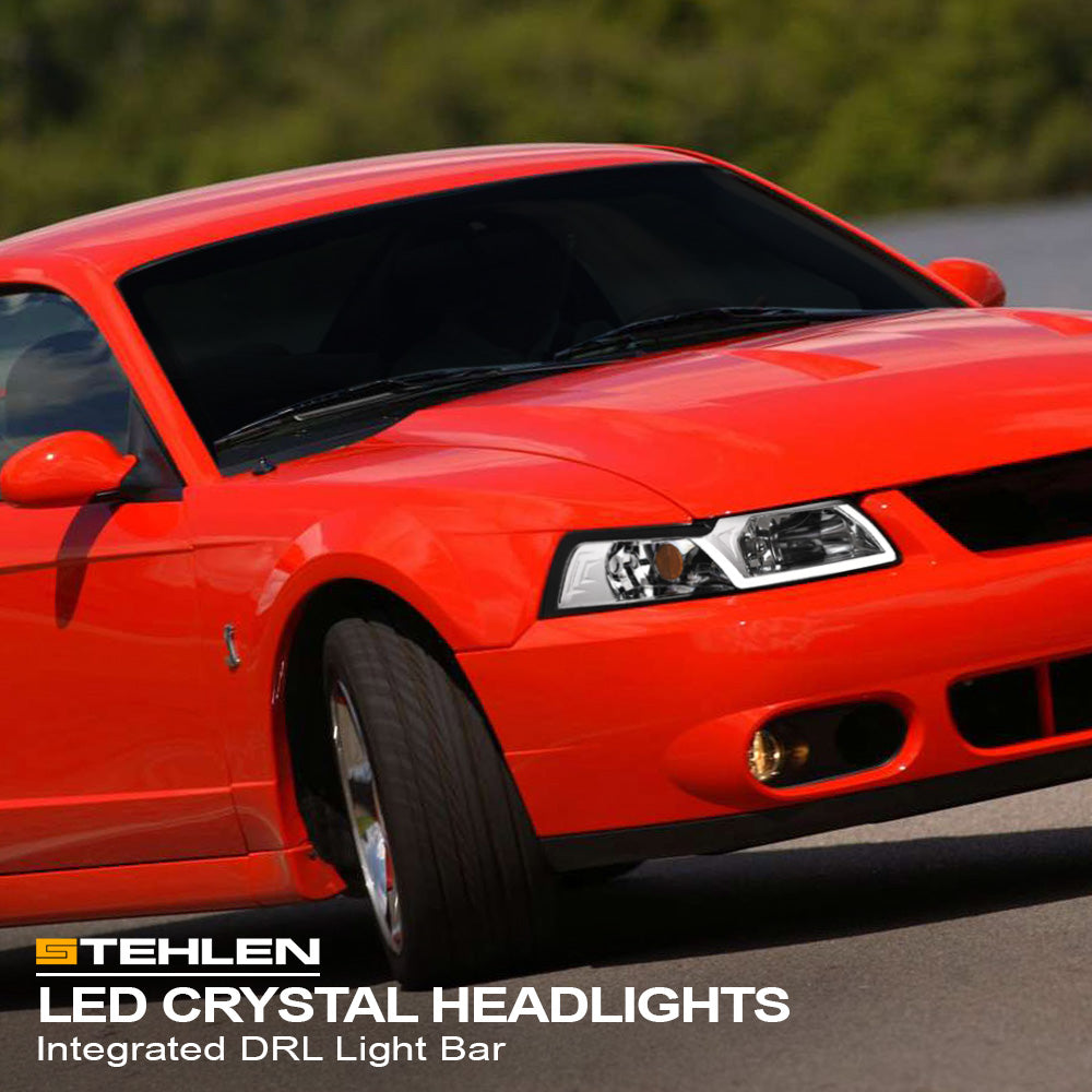 99-04 Ford Mustang Chrome Crystal Headlights w/ LED Light Bar