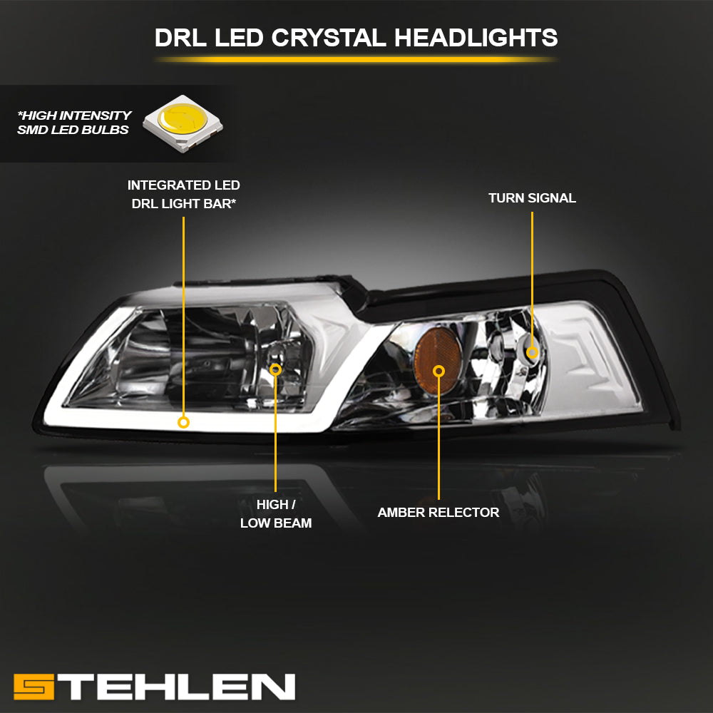 99-04 Ford Mustang Chrome Crystal Headlights w/ LED Light Bar