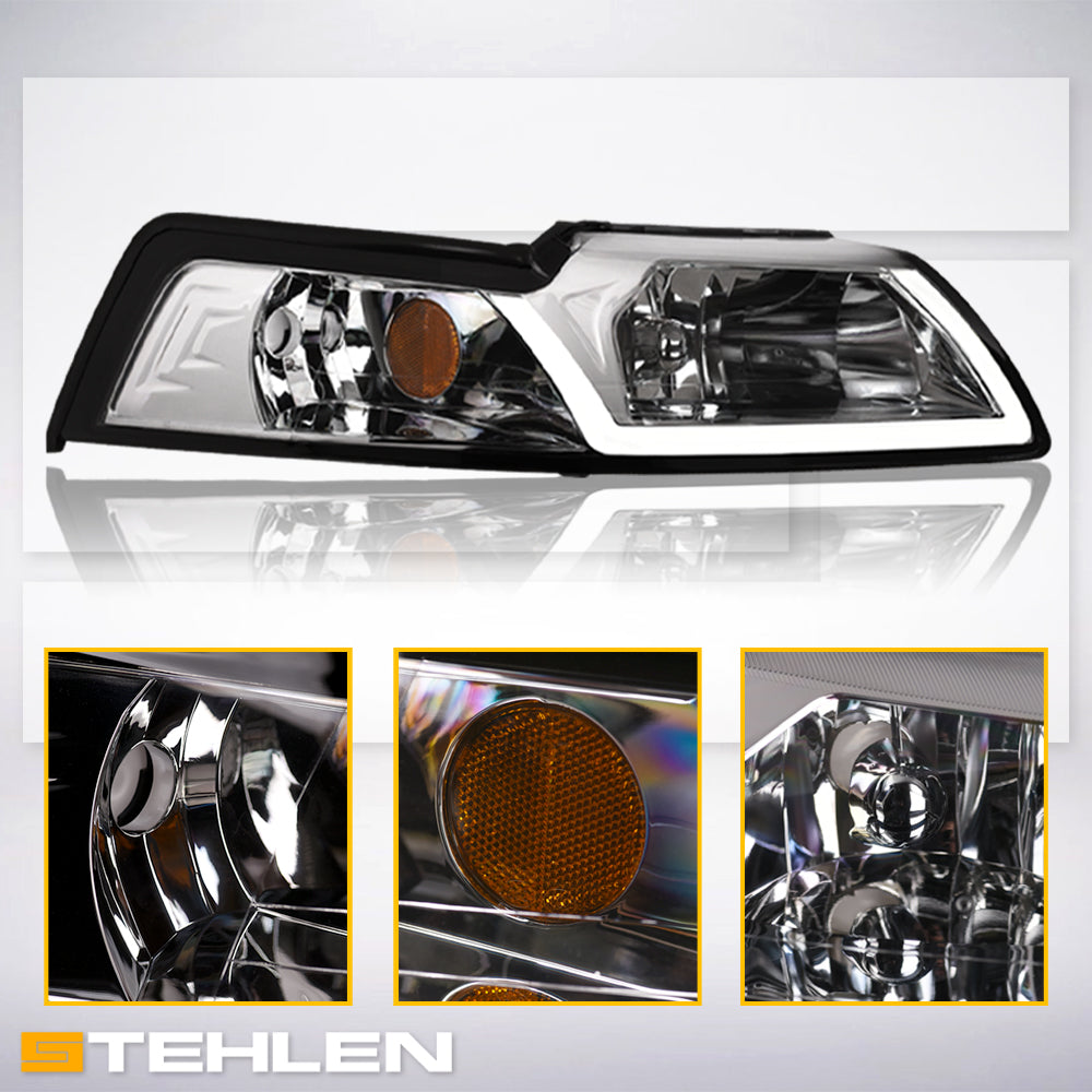 99-04 Ford Mustang Chrome Crystal Headlights w/ LED Light Bar