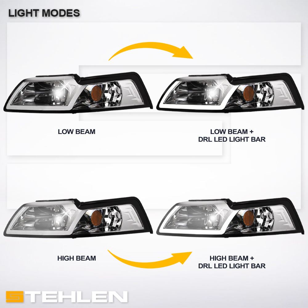 99-04 Ford Mustang Chrome Crystal Headlights w/ LED Light Bar