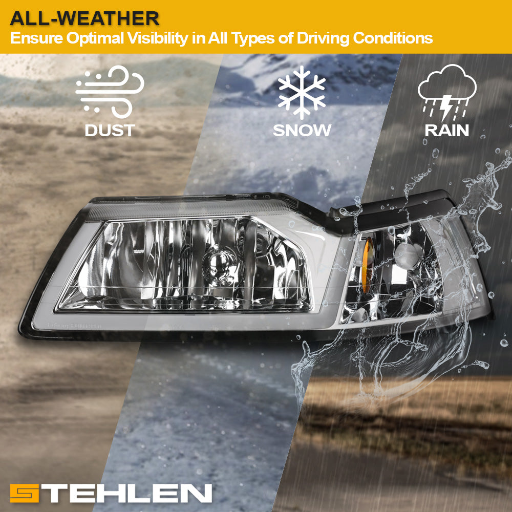99-04 Ford Mustang Chrome Crystal Headlights w/ LED Light Bar