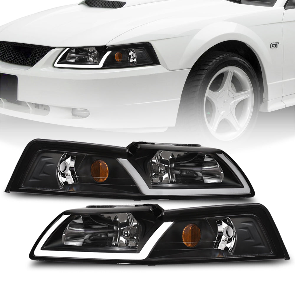 99-04 Ford Mustang Black Crystal LED Headlights w/ Amber