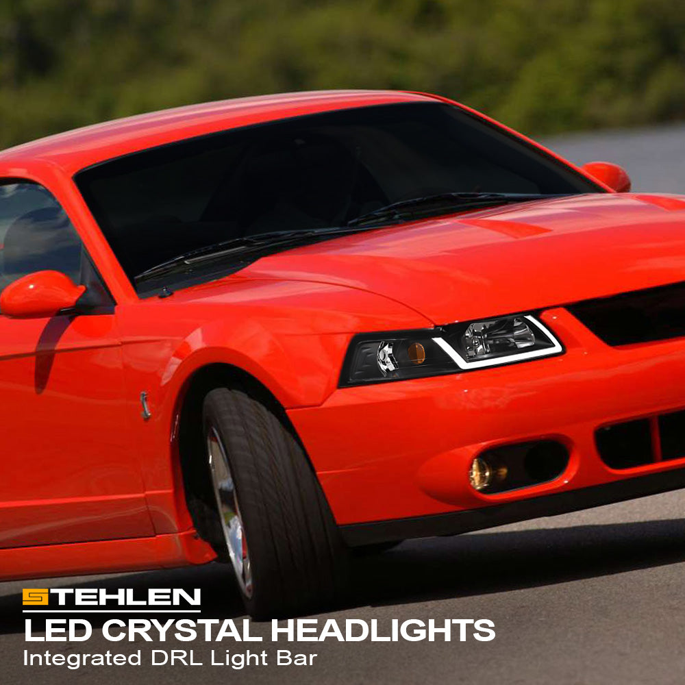 99-04 Ford Mustang Black Crystal LED Headlights w/ Amber
