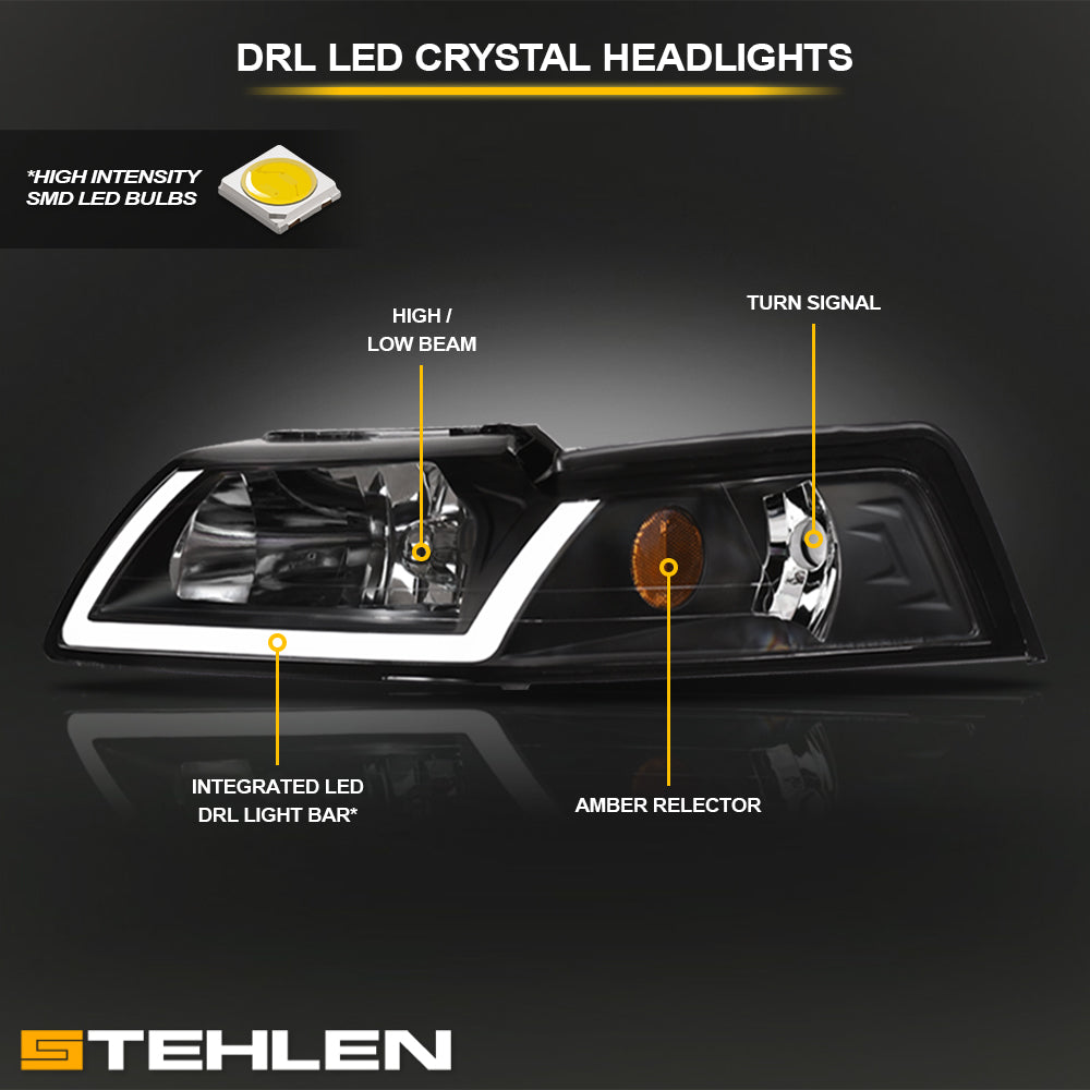 99-04 Ford Mustang Black Crystal LED Headlights w/ Amber