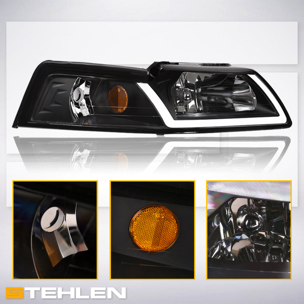 99-04 Ford Mustang Black Crystal LED Headlights w/ Amber