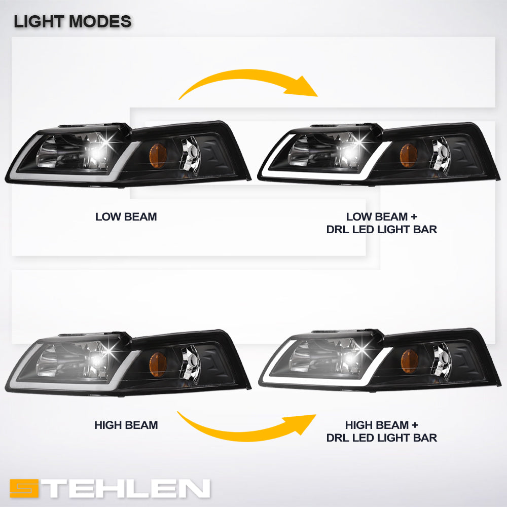 99-04 Ford Mustang Black Crystal LED Headlights w/ Amber
