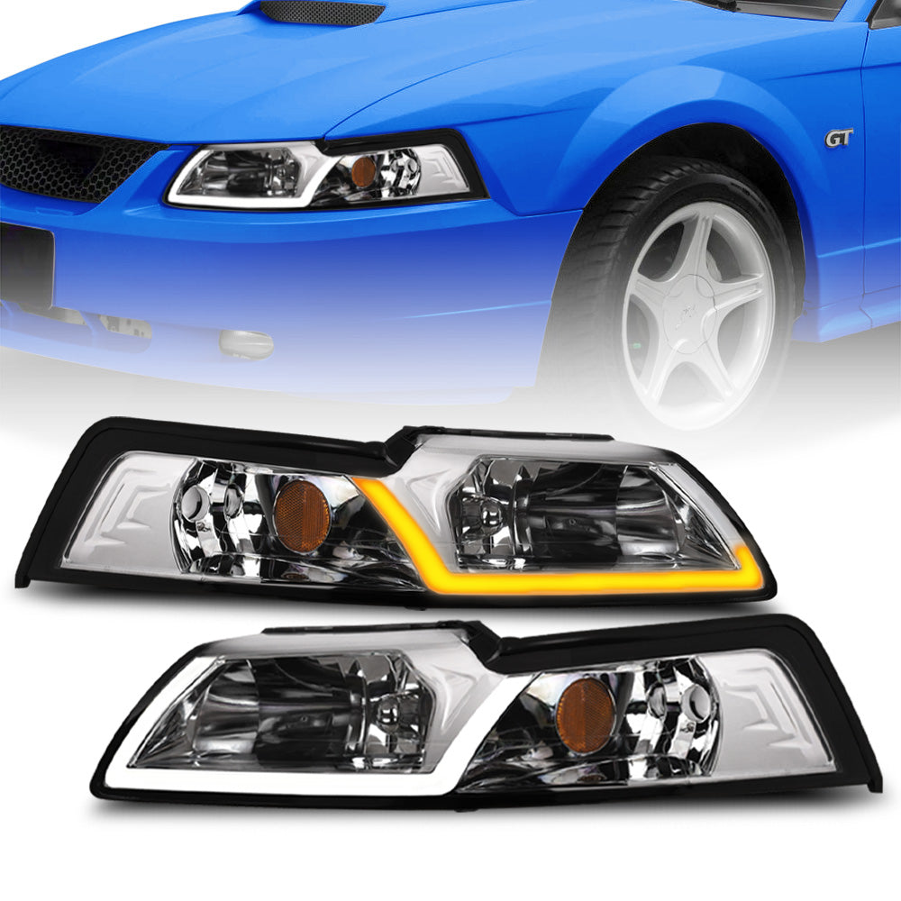 99-04 Ford Mustang Crystal Headlights Sequential LED Signal - Chrome