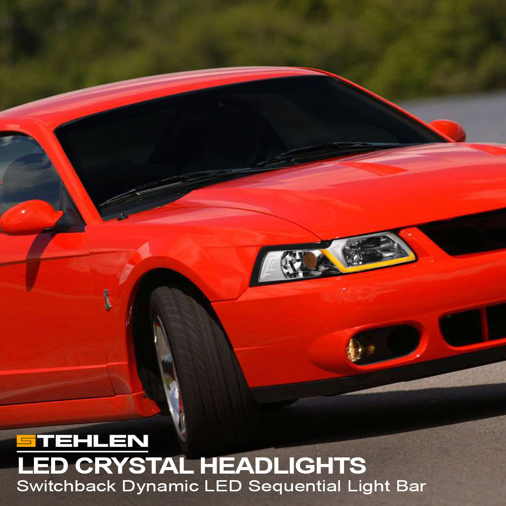 99-04 Ford Mustang Crystal Headlights Sequential LED Signal - Chrome