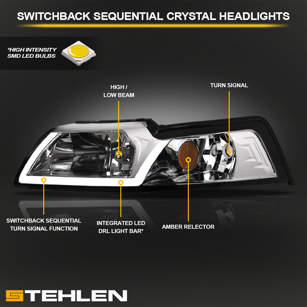 99-04 Ford Mustang Crystal Headlights Sequential LED Signal - Chrome