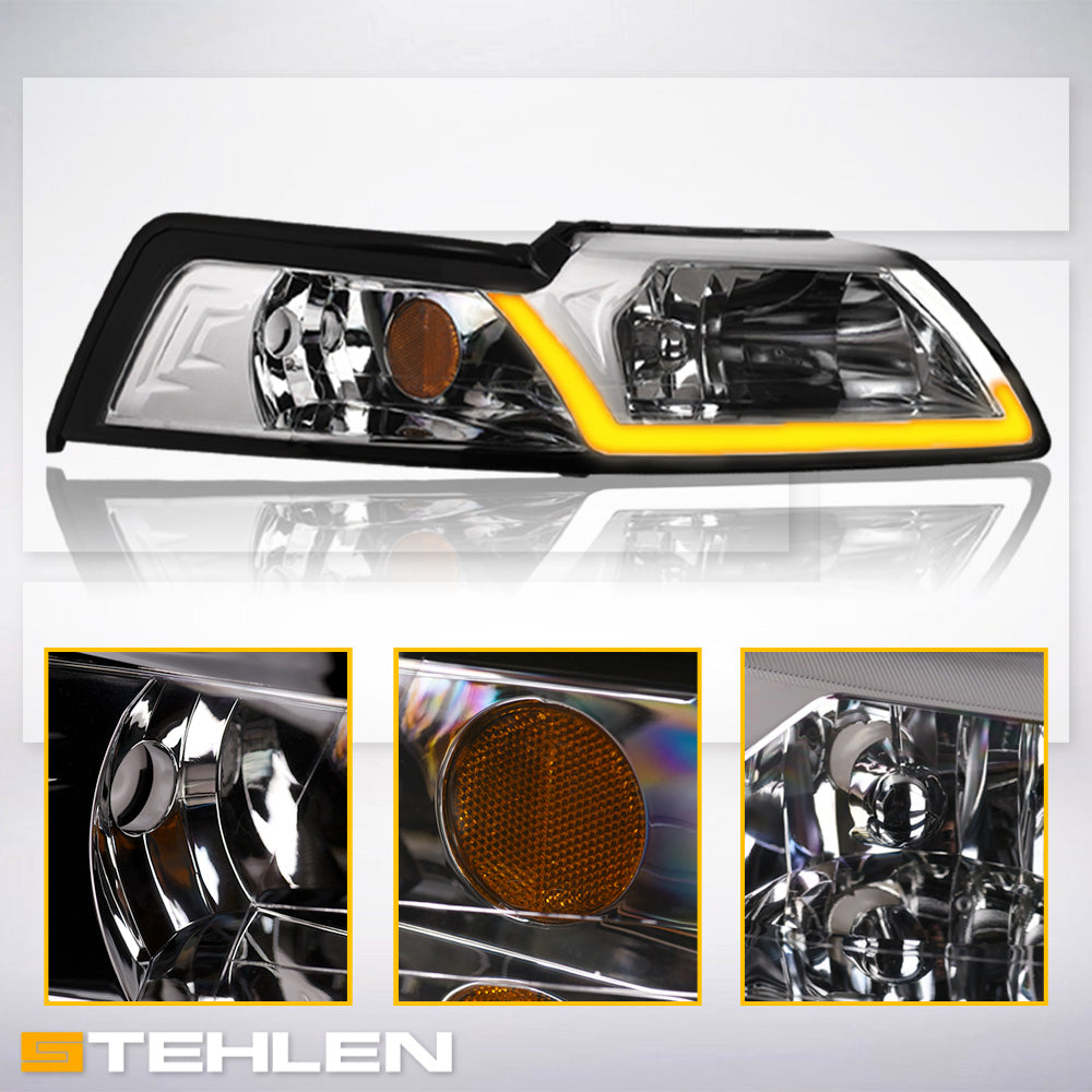 99-04 Ford Mustang Crystal Headlights Sequential LED Signal - Chrome