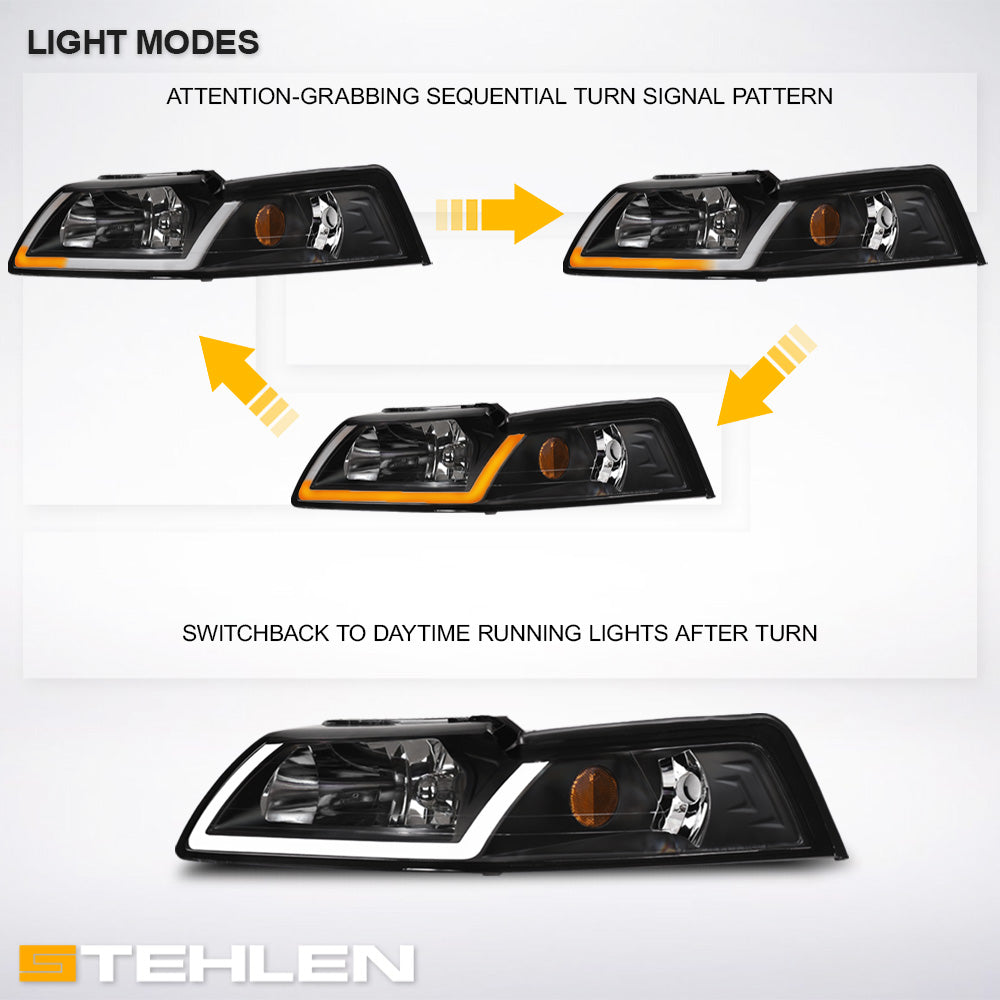 99-04 Ford Mustang Crystal Headlights Sequential LED Turn Signal