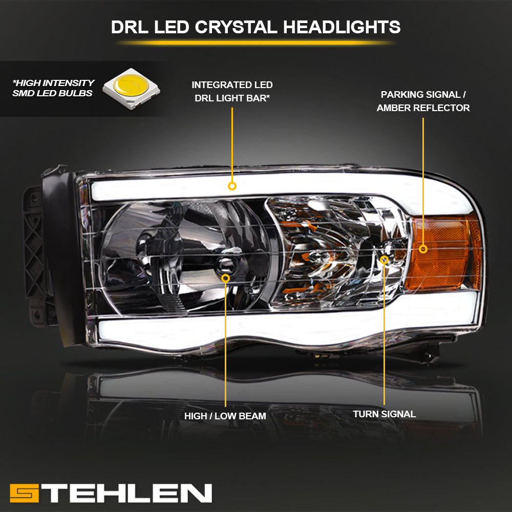 02-05 Dodge Ram Crystal Headlights w/ LED Light Bar - Chrome