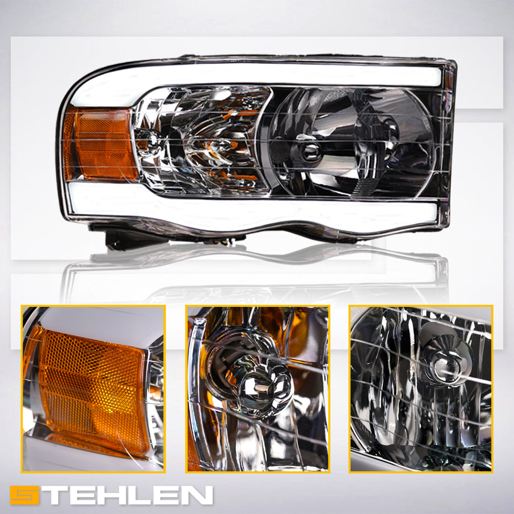 02-05 Dodge Ram Crystal Headlights w/ LED Light Bar - Chrome
