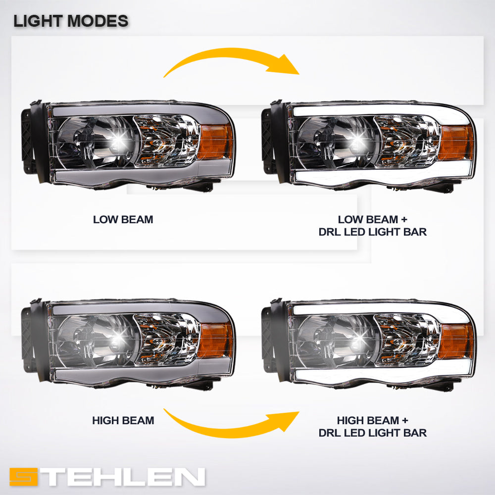 02-05 Dodge Ram Crystal Headlights w/ LED Light Bar - Chrome
