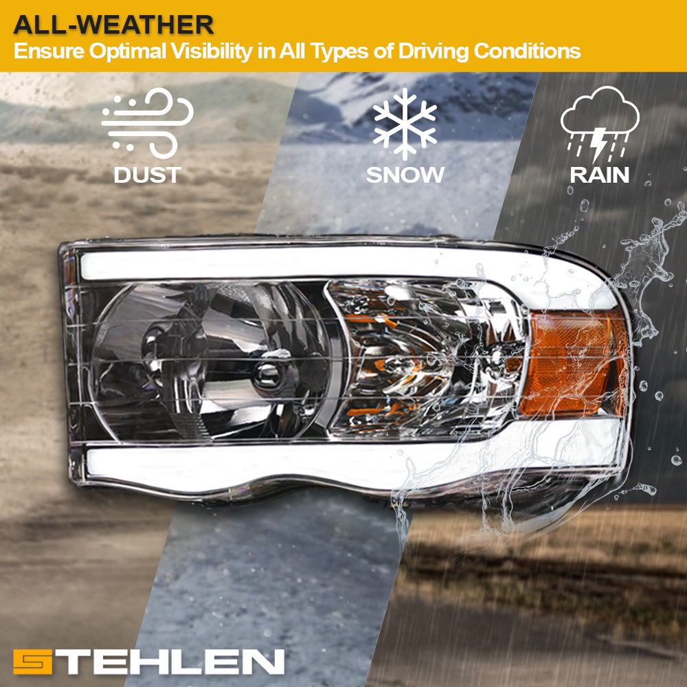 02-05 Dodge Ram Crystal Headlights w/ LED Light Bar - Chrome