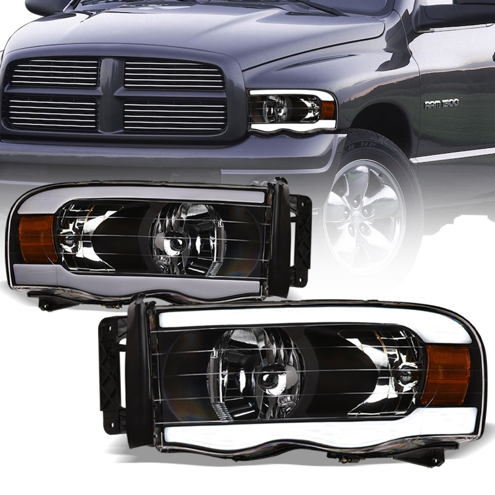 02-05 Dodge Ram Crystal Headlights w/ LED Light Bar - Black