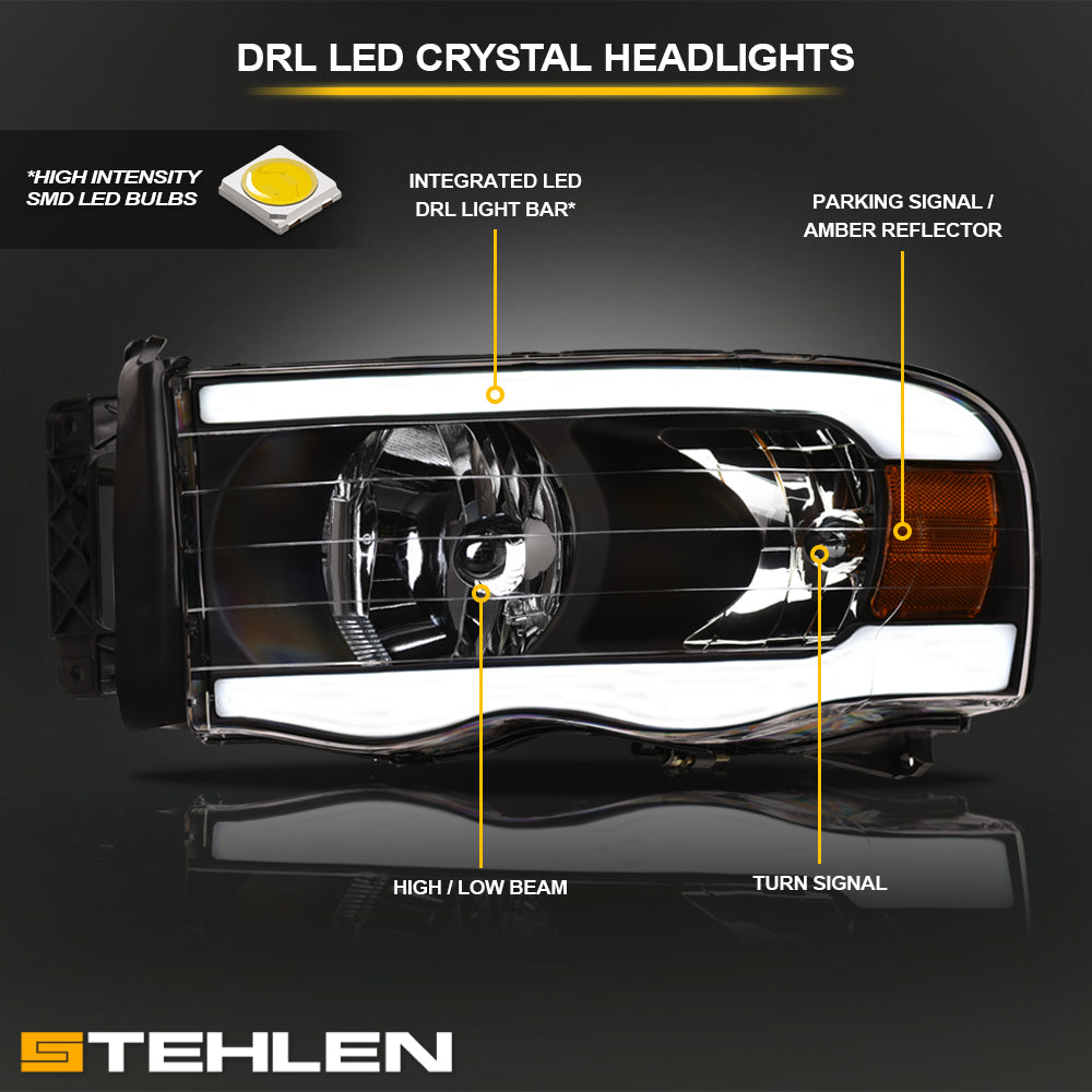 02-05 Dodge Ram Crystal Headlights w/ LED Light Bar - Black