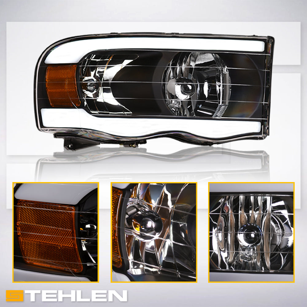 02-05 Dodge Ram Crystal Headlights w/ LED Light Bar - Black