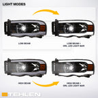 02-05 Dodge Ram Crystal Headlights w/ LED Light Bar - Black