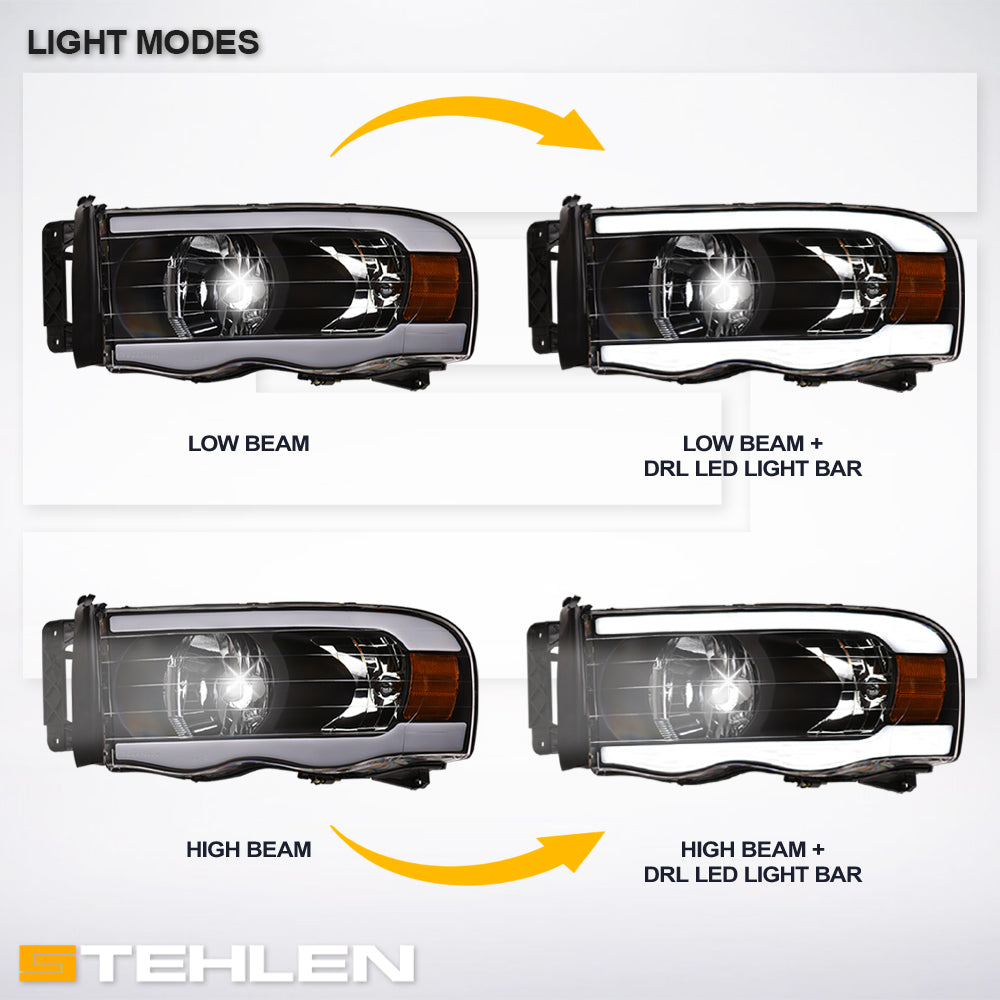 02-05 Dodge Ram Crystal Headlights w/ LED Light Bar - Black