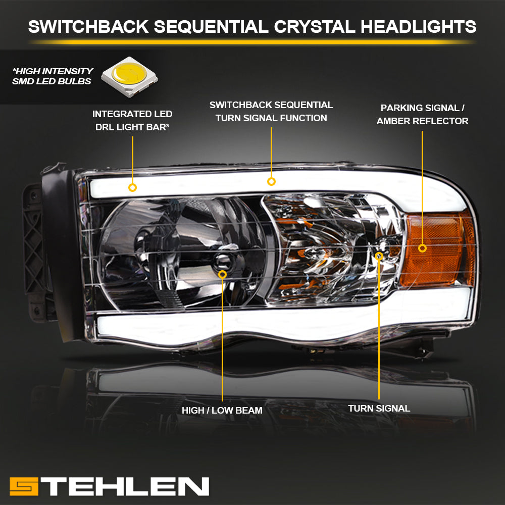 02-05 Dodge Ram Crystal Headlights Sequential LED Chrome