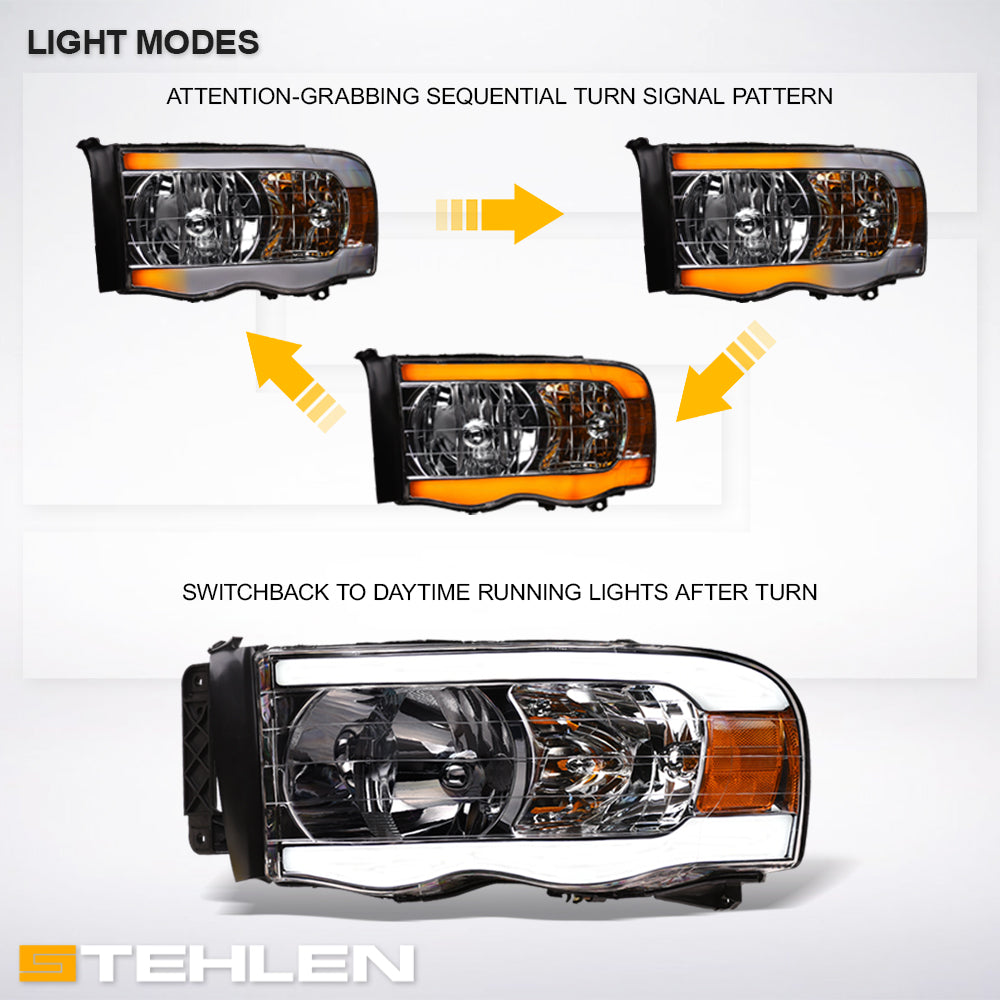 02-05 Dodge Ram Crystal Headlights Sequential LED Chrome