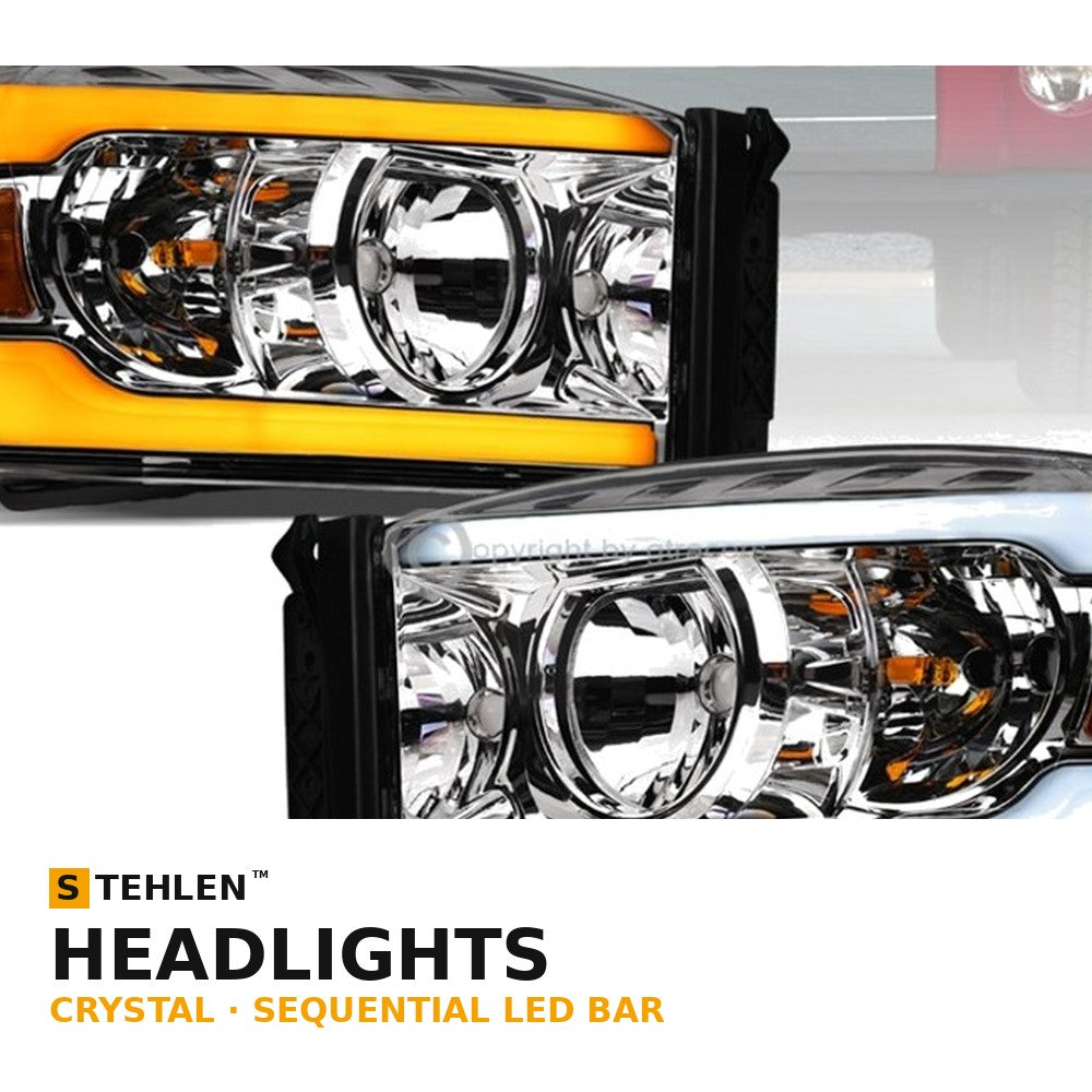 2006-2009 Dodge Ram Crystal Headlights w/ Sequential LED Bar — Chrome