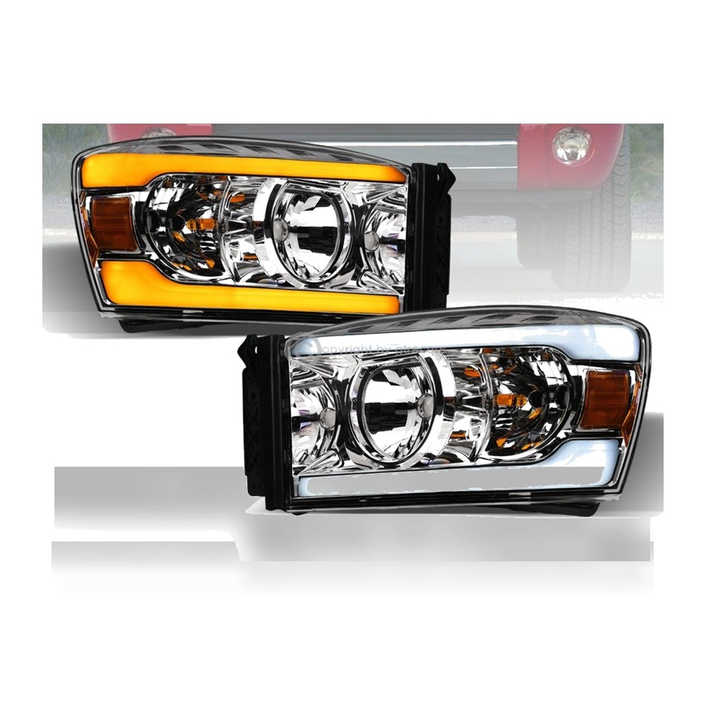 2006-2009 Dodge Ram Crystal Headlights w/ Sequential LED Bar — Chrome — product view