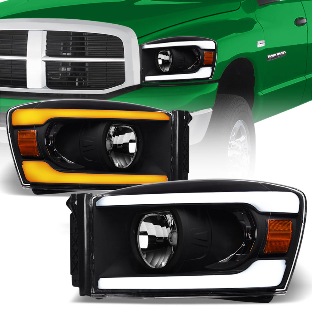 06-09 Dodge Ram Black Crystal Headlights Sequential LED Turn Signal