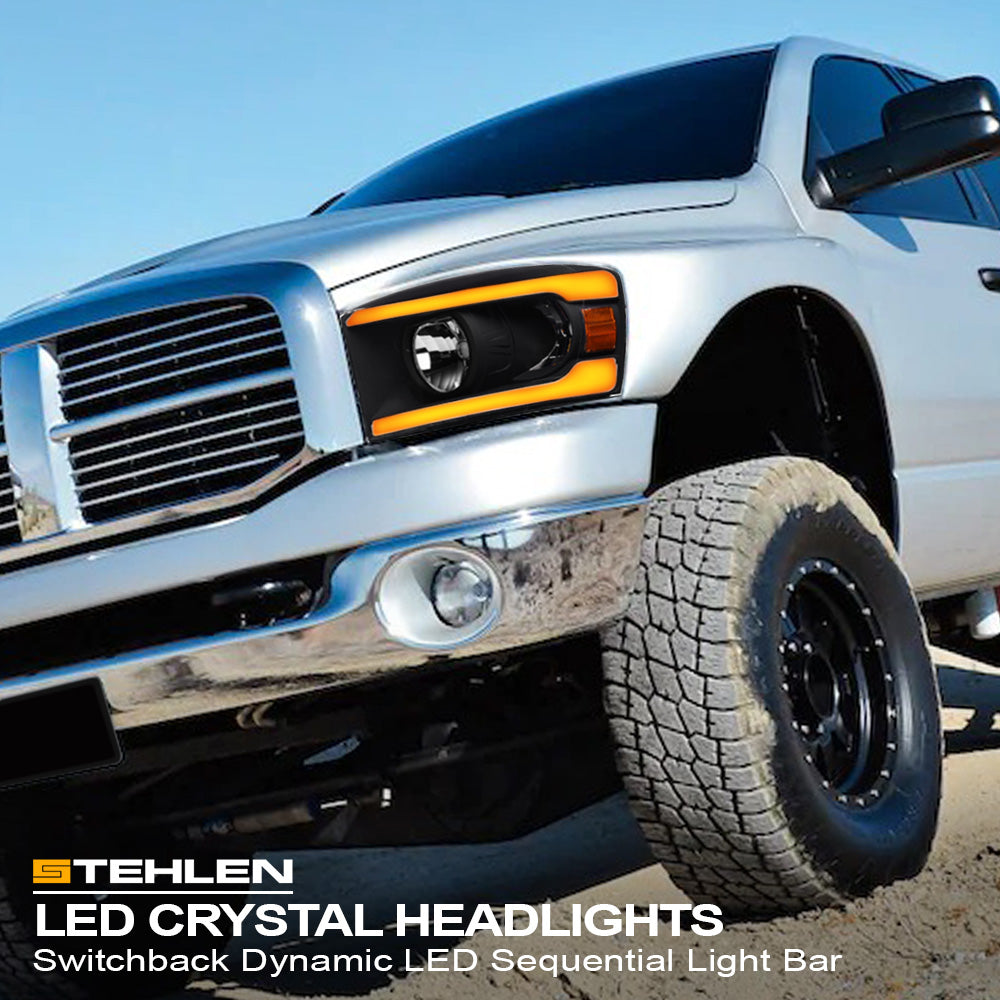 06-09 Dodge Ram Black Crystal Headlights Sequential LED Turn Signal