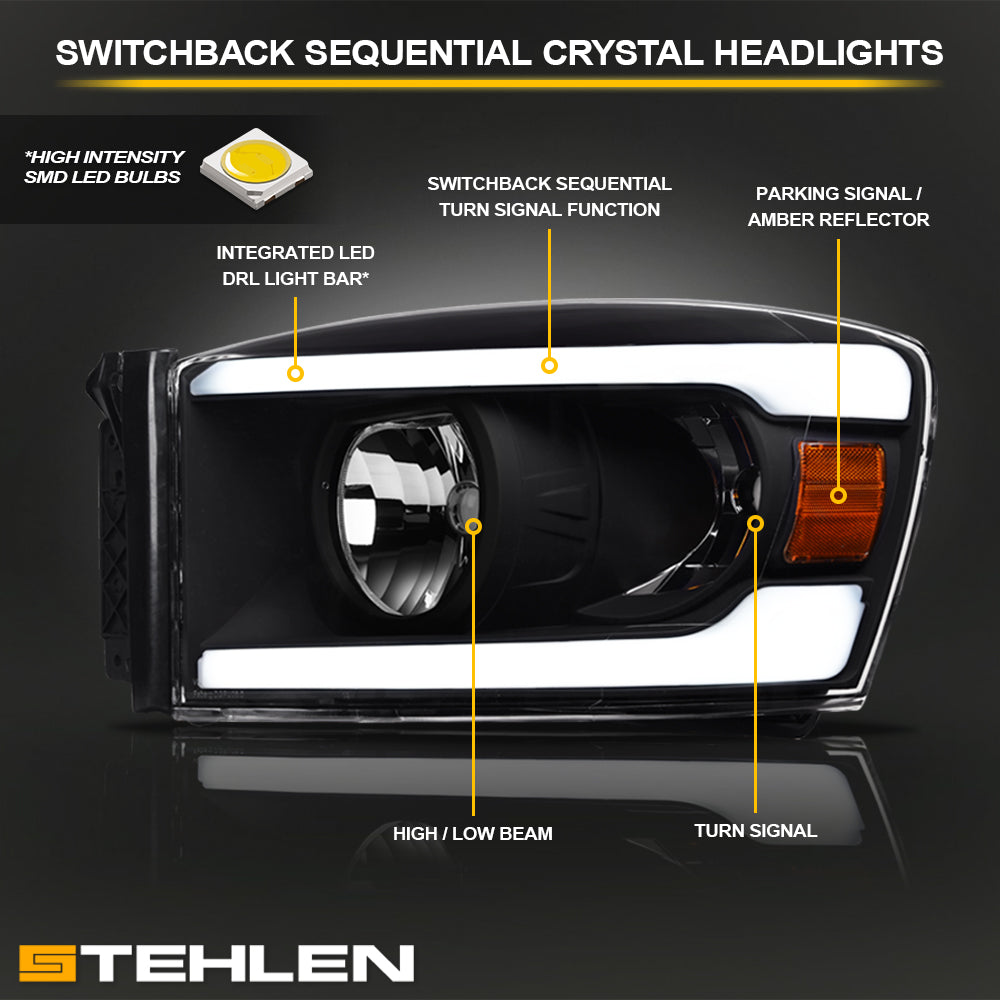 06-09 Dodge Ram Black Crystal Headlights Sequential LED Turn Signal