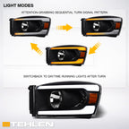 06-09 Dodge Ram Black Crystal Headlights Sequential LED Turn Signal