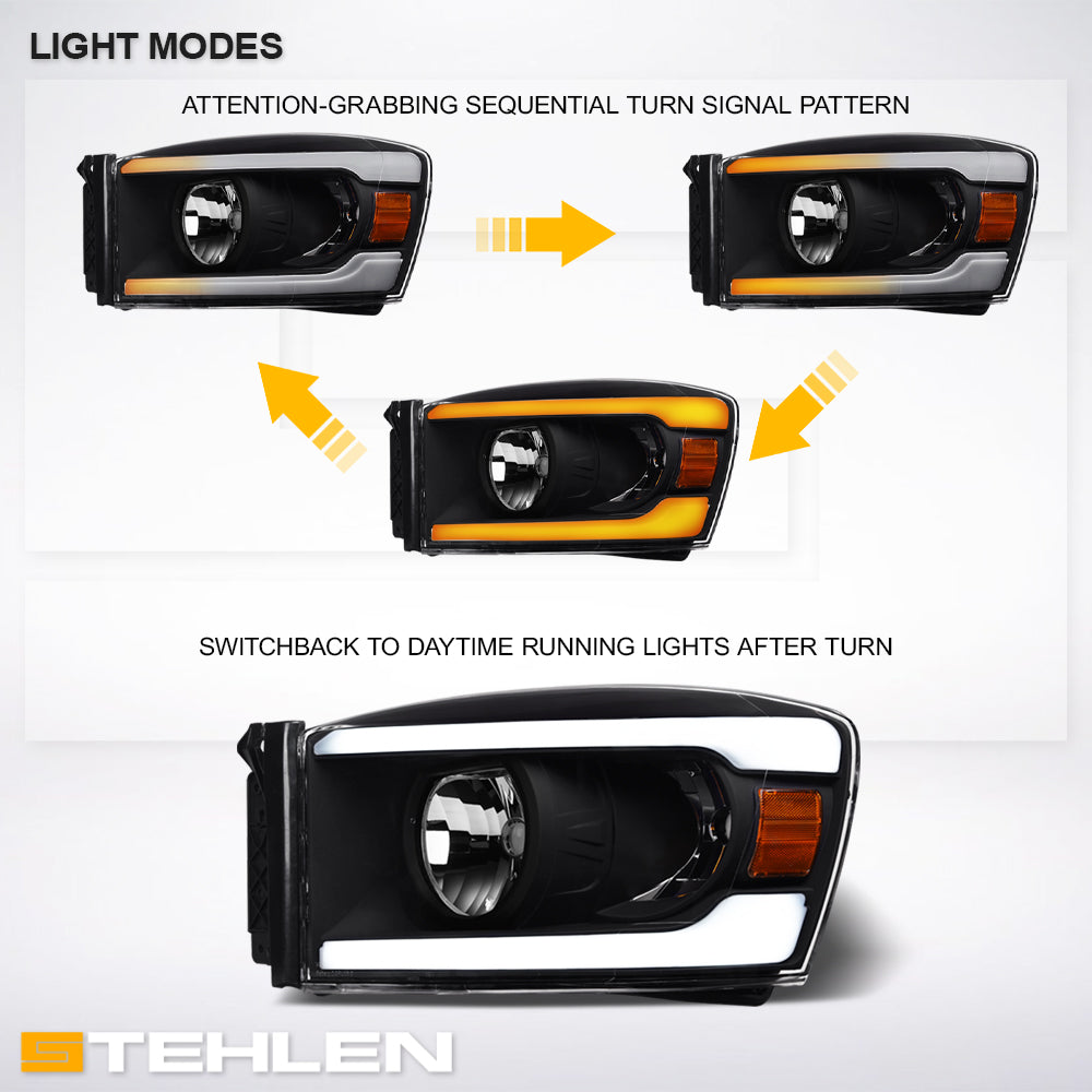06-09 Dodge Ram Black Crystal Headlights Sequential LED Turn Signal