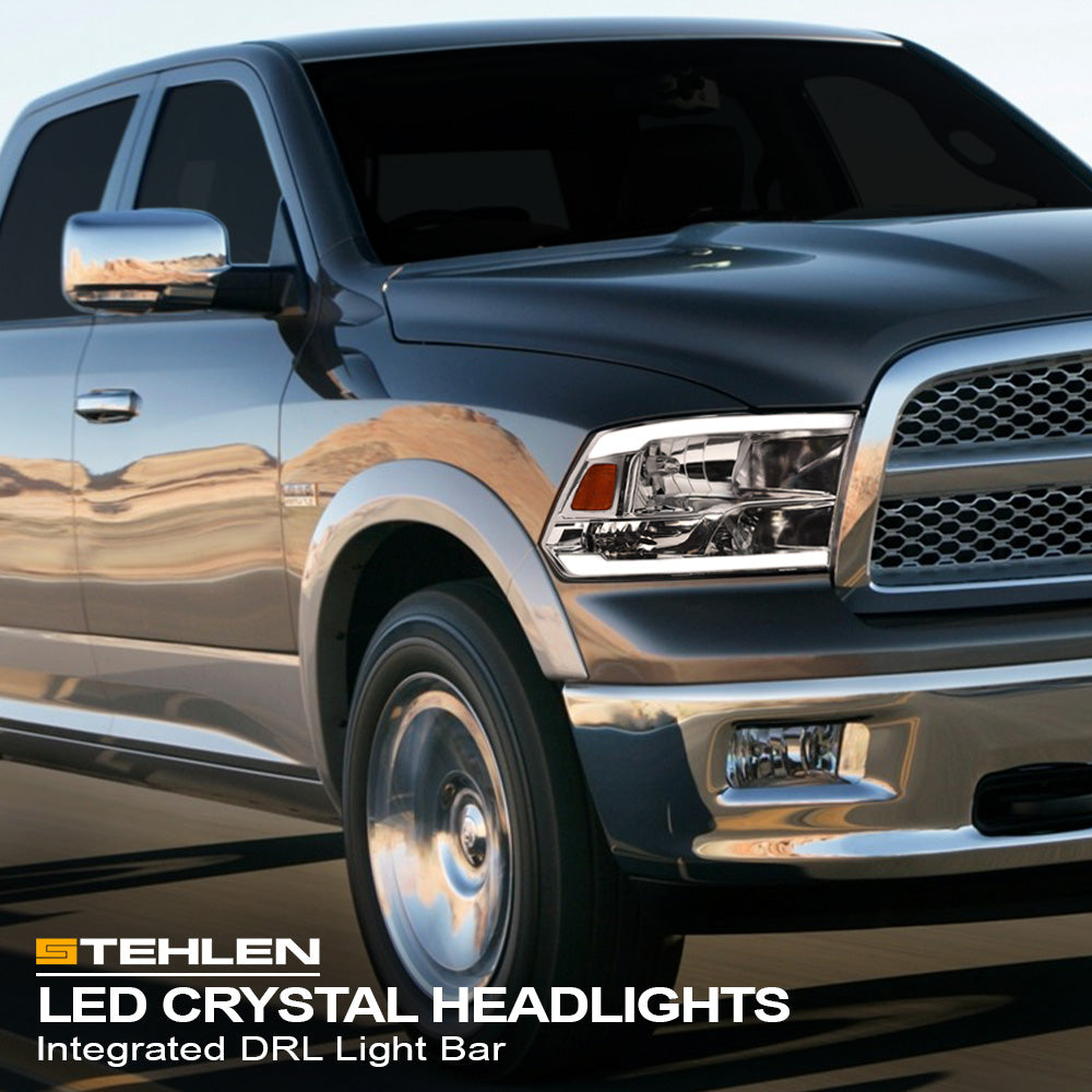 2009-2024 Dodge Ram Crystal Headlights w/ LED Bar Chrome
