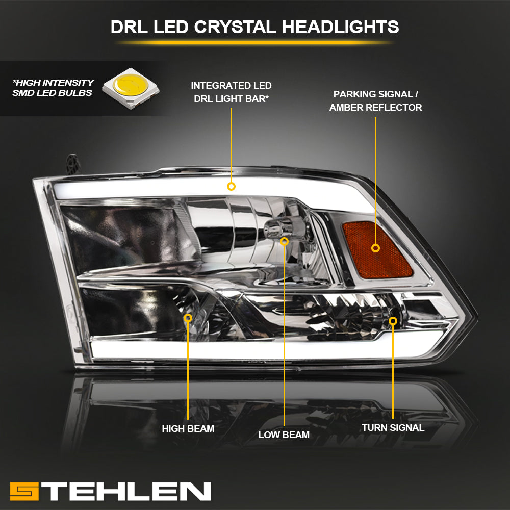 2009-2024 Dodge Ram Crystal Headlights w/ LED Bar Chrome