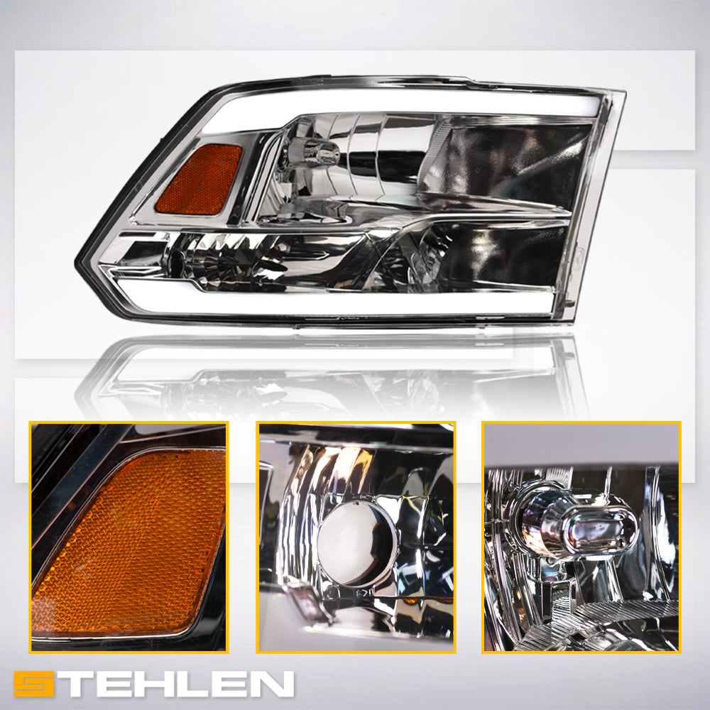 2009-2024 Dodge Ram Crystal Headlights w/ LED Bar Chrome