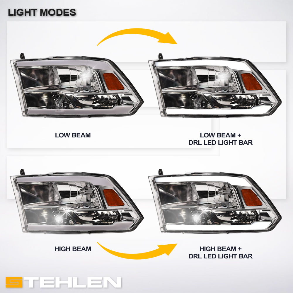 2009-2024 Dodge Ram Crystal Headlights w/ LED Bar Chrome