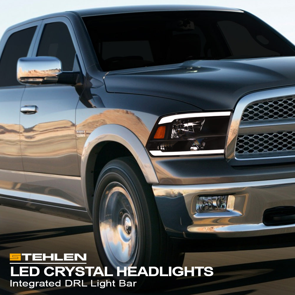 2009-2024 Dodge Ram Crystal Headlights LED Light Bar Black
