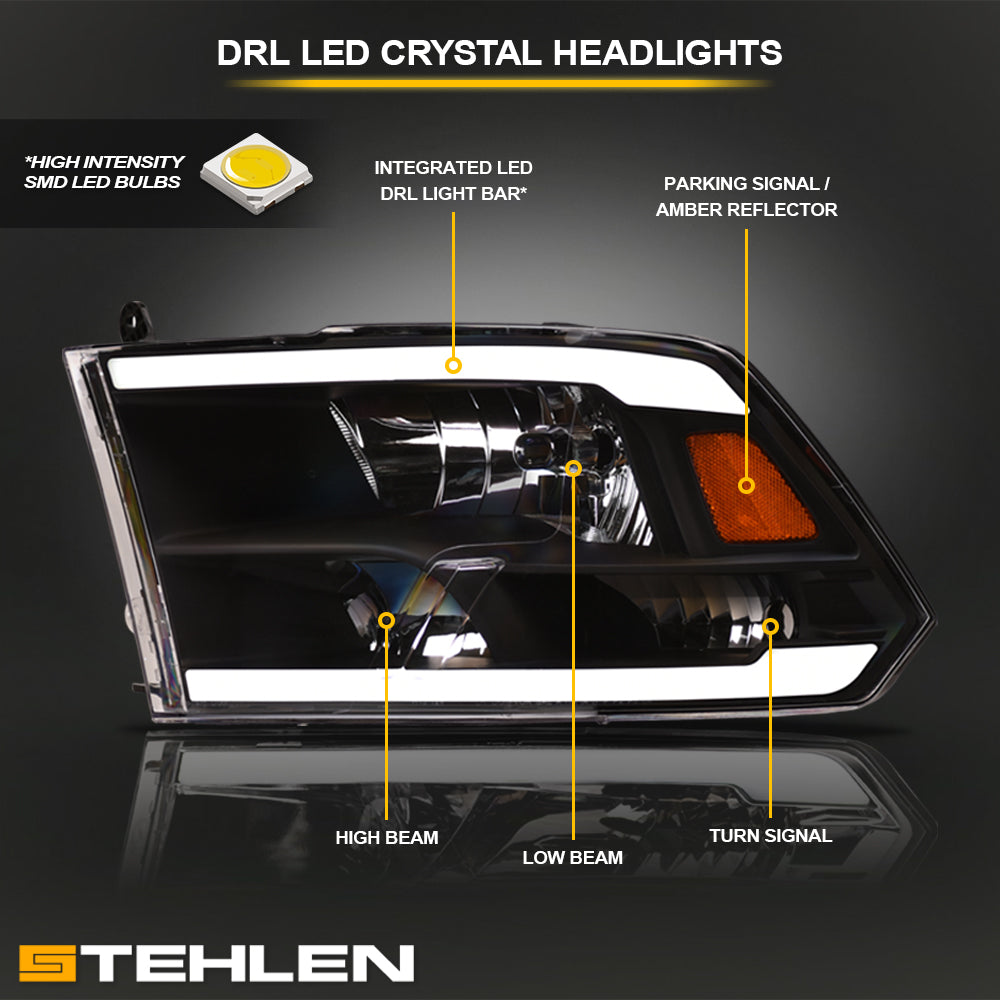 2009-2024 Dodge Ram Crystal Headlights LED Light Bar Black