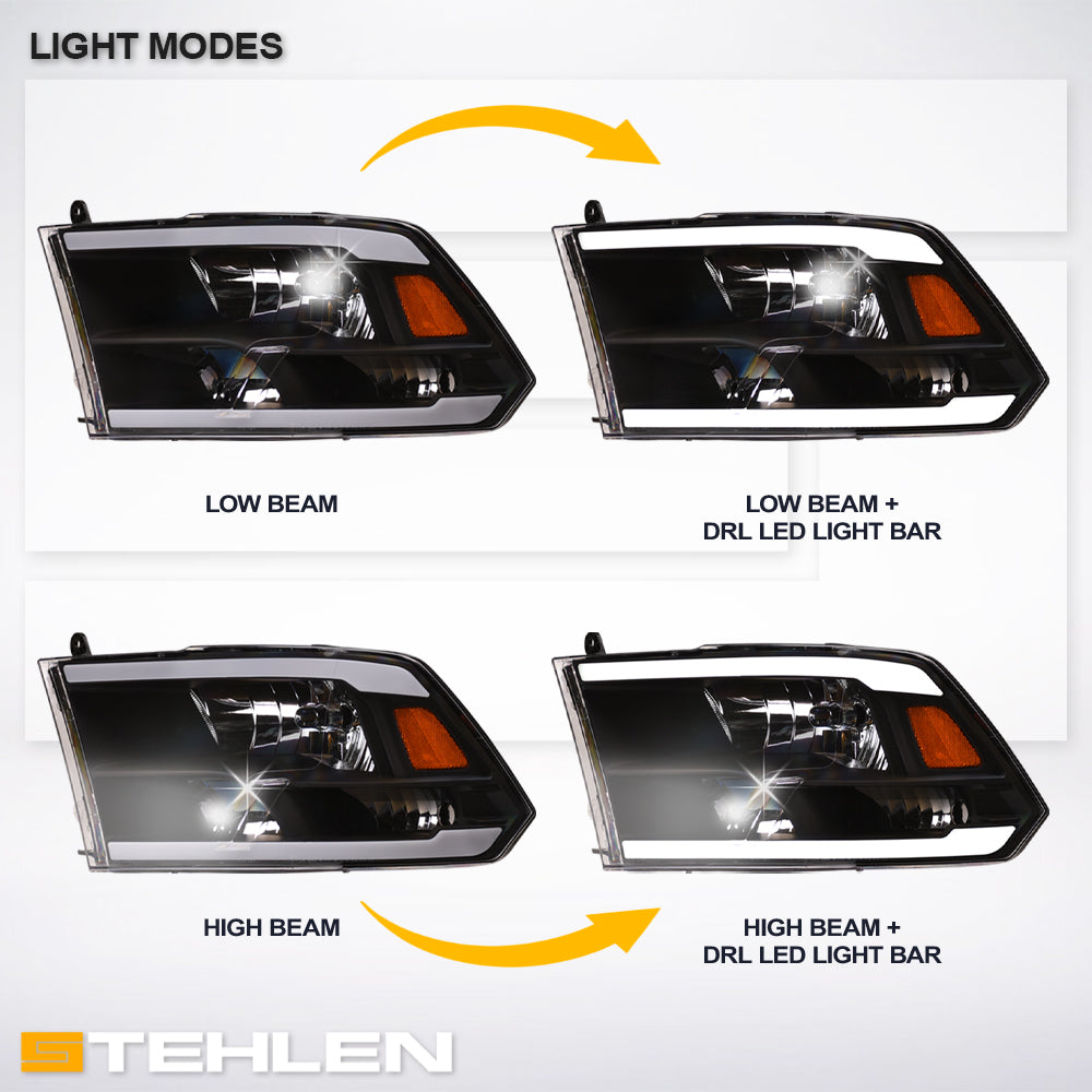 2009-2024 Dodge Ram Crystal Headlights LED Light Bar Black