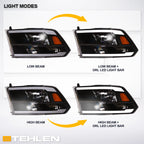2009-2024 Dodge Ram Crystal Headlights LED Light Bar Black
