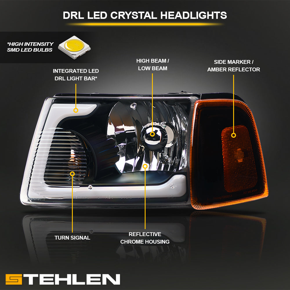 01-11 Ford Ranger Crystal Headlights 4PC LED Light Bar Black - JDMA