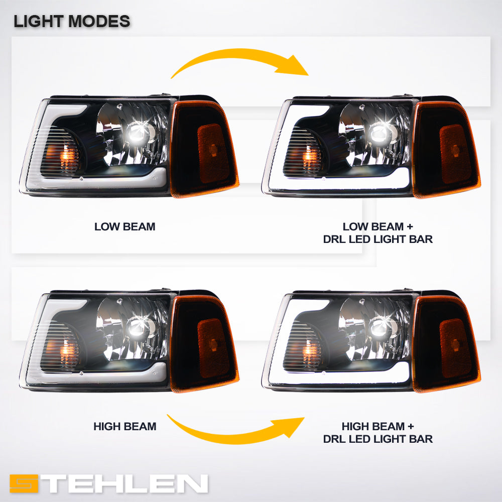 01-11 Ford Ranger Crystal Headlights 4PC LED Light Bar Black - JDMA