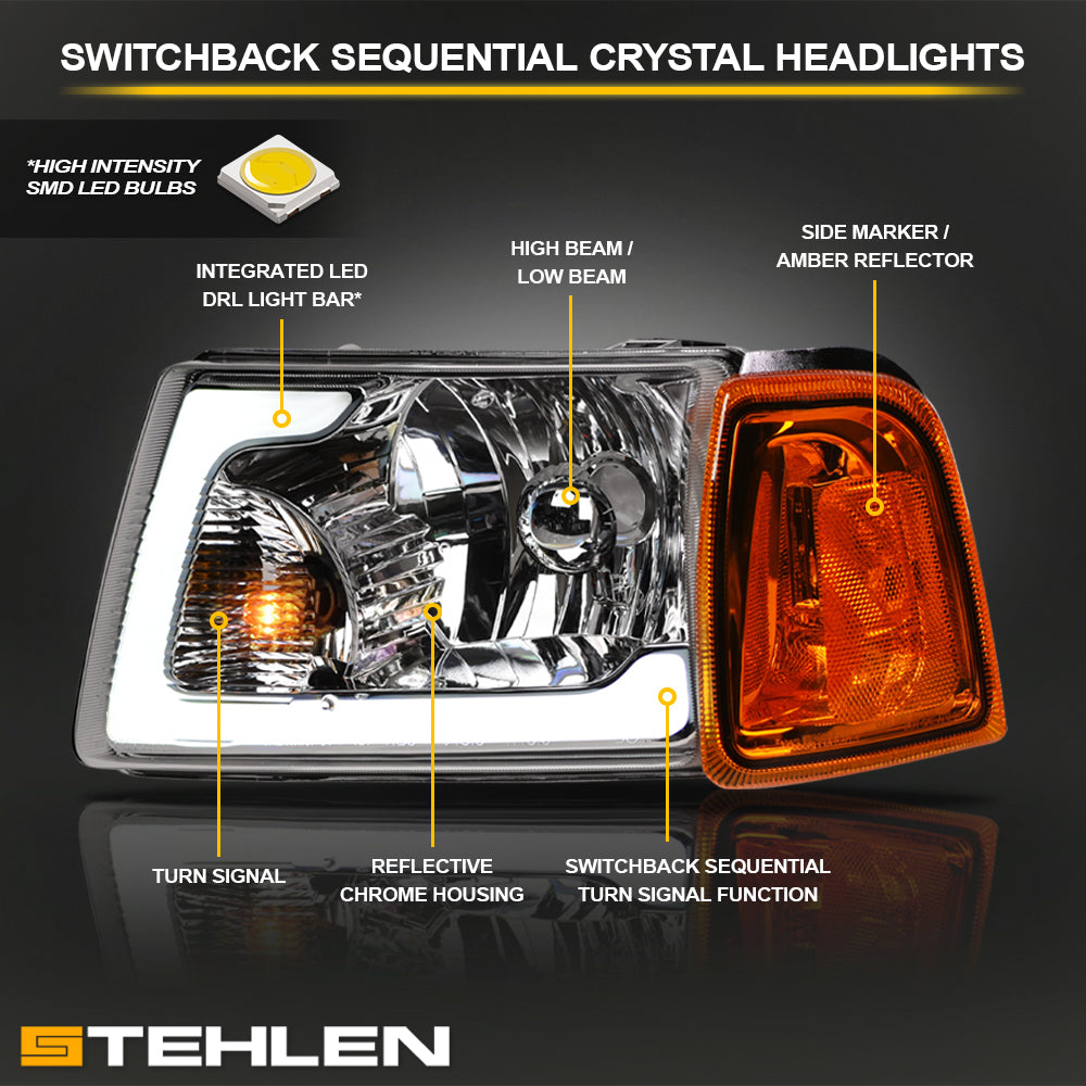 01-11 Ford Ranger Crystal Headlights w/ Sequential LED - Chrome 4PC