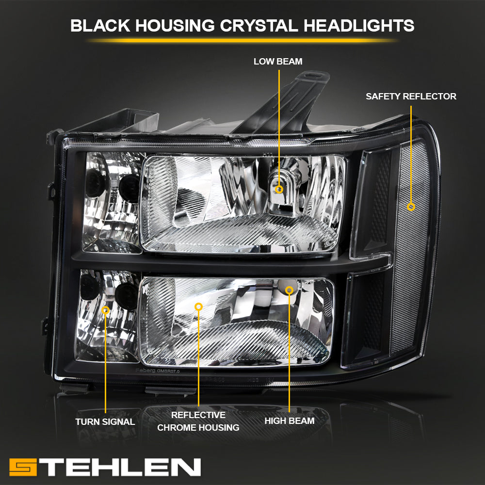 2007-2014 GMC Sierra OEM Crystal Headlights Black - GMSR07.03