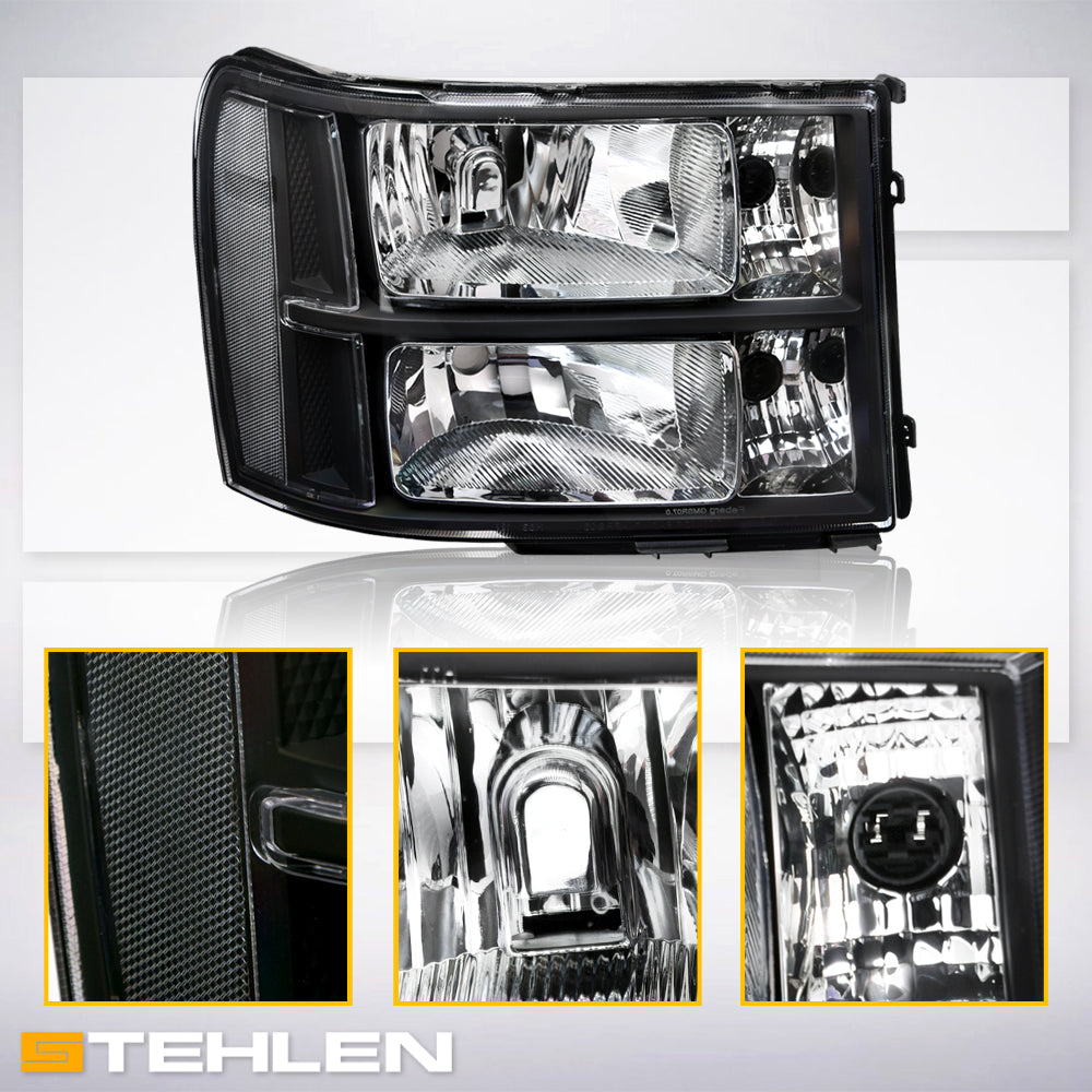2007-2014 GMC Sierra OEM Crystal Headlights Black - GMSR07.03