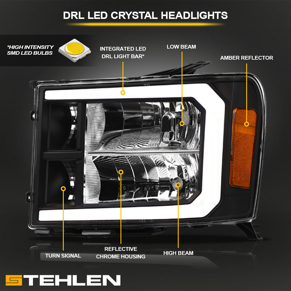 07-13 GMC Sierra 1500/2500/3500 LED Crystal Headlights - Black