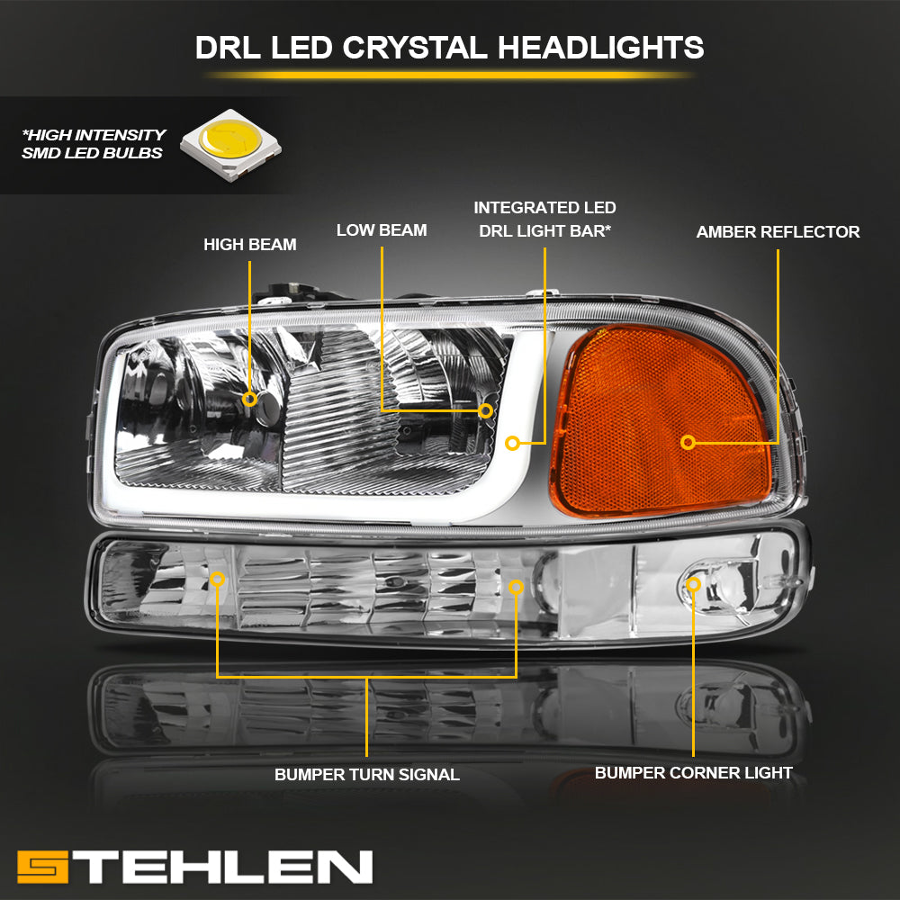 99-06 GMC Sierra Yukon XL Crystal Headlights LED Bar Chrome 4PC