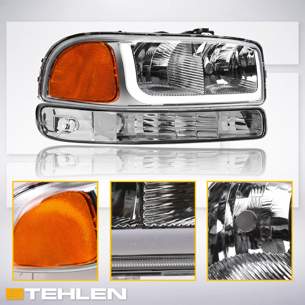 99-06 GMC Sierra Yukon XL Crystal Headlights LED Bar Chrome 4PC
